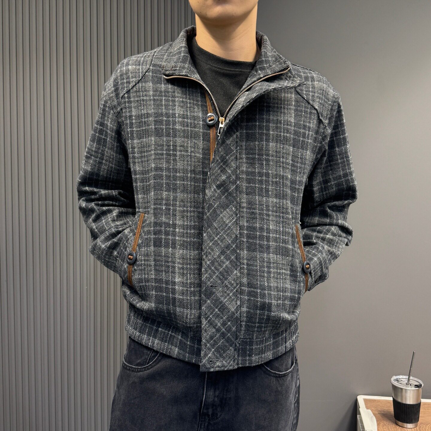 格子立领夹克男秋冬季2026新款美式复古宽松开衫保暖外套休闲上衣