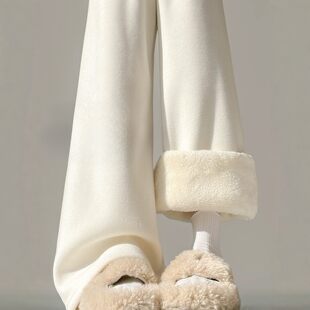 特厚羊羔绒阔腿裤女裤秋冬季加绒棉裤垂感窄版直筒米白色糯米裤子