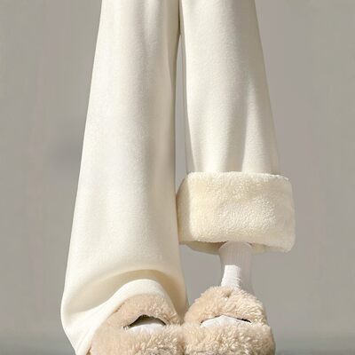 特厚羊羔绒阔腿裤女裤秋冬季加绒棉裤垂感窄版直筒米白色糯米裤子