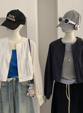 欧玛莱 韩版宽松休闲百搭圆领纯色长袖拉链开衫外套上衣实拍 6282