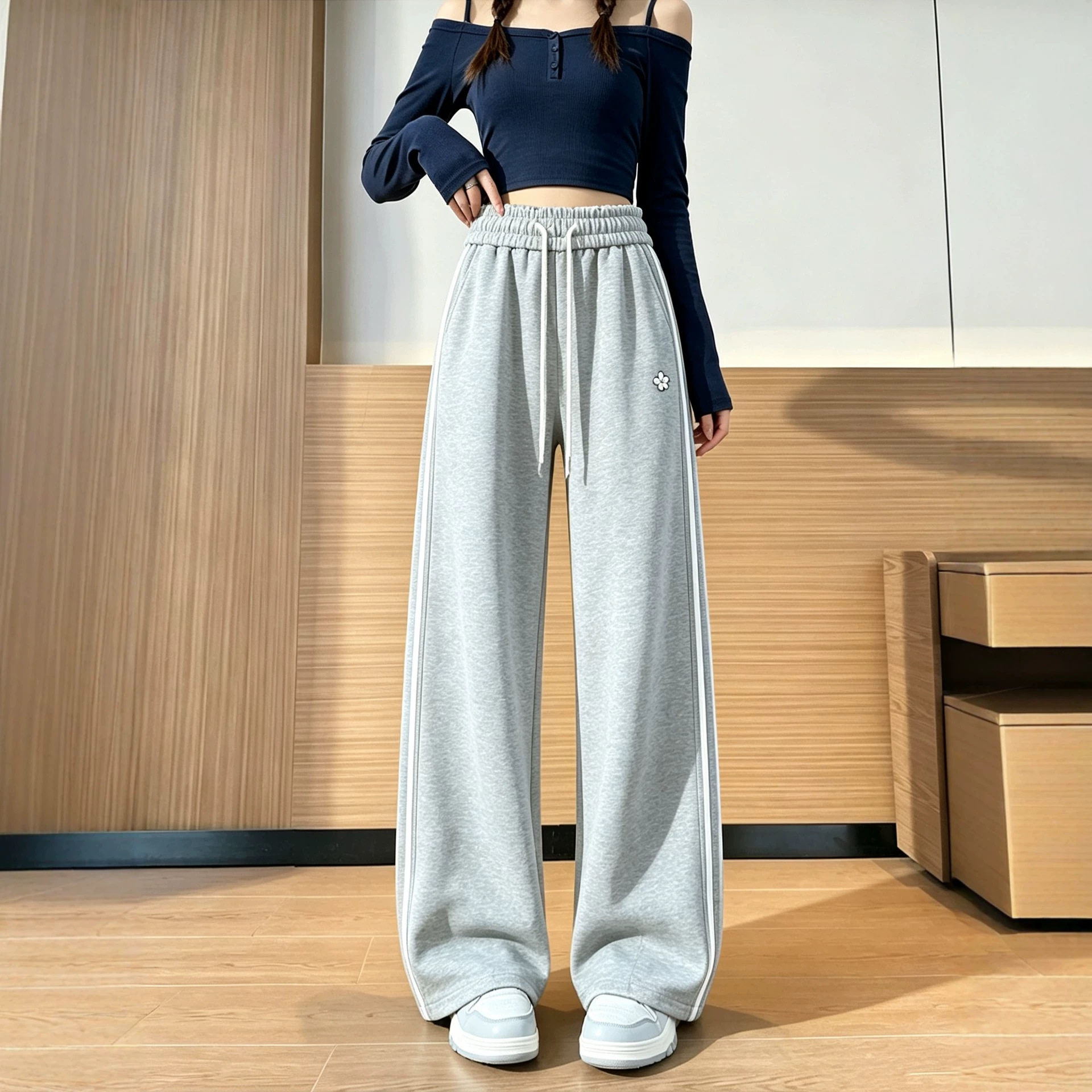美式复古街头双杠条纹阔腿裤卫裤女2026秋季宽松休闲裤抽绳运动裤
