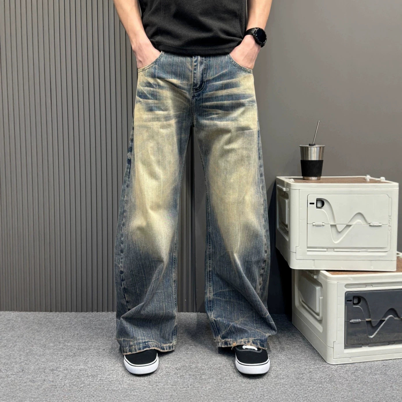 美式高街黄泥染渐变阔腿牛仔裤男复古做旧水洗宽松直筒垂感拖地裤
