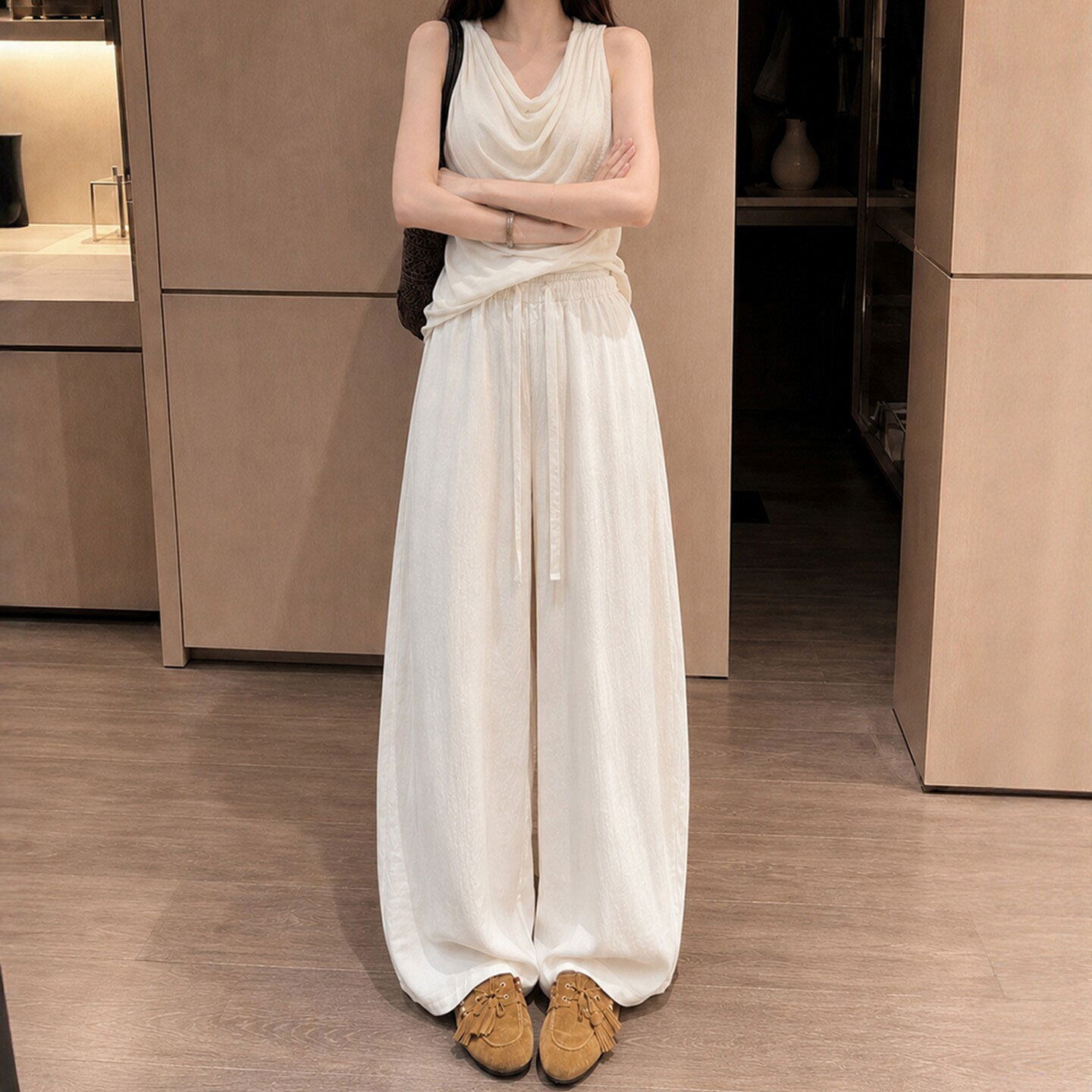 白色亚麻老钱风裤子女夏薄款宽松bf慵懒风气球裤冰丝弯刀阔腿长裤