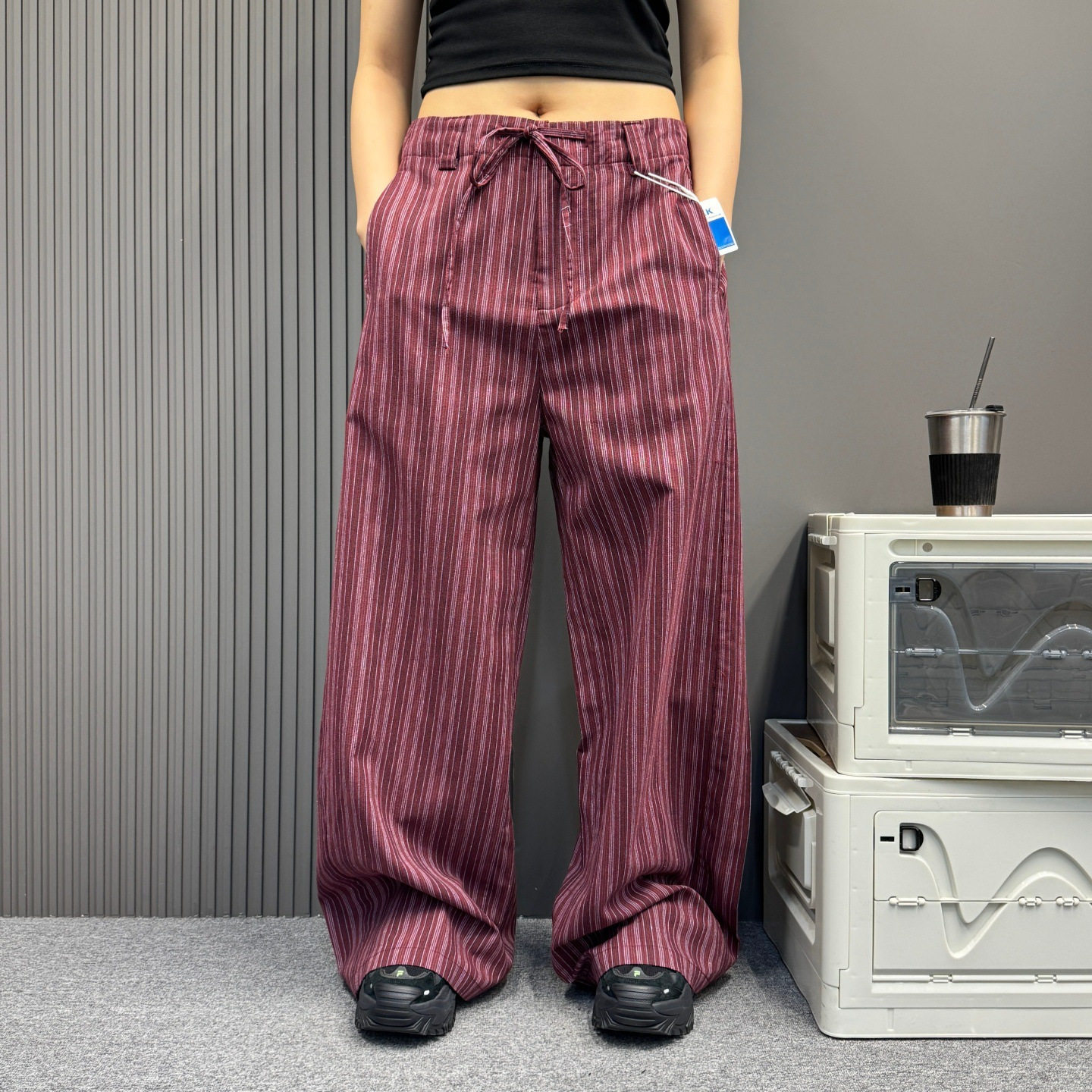复古条纹西装阔腿裤男女夏季薄款松紧高腰显瘦宽松直筒垂感拖地裤