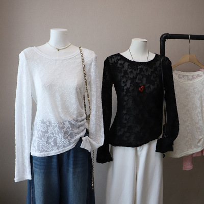 [比正]2025秋季新款韩版圆领不规则抽褶收腰显瘦长袖打底衫女