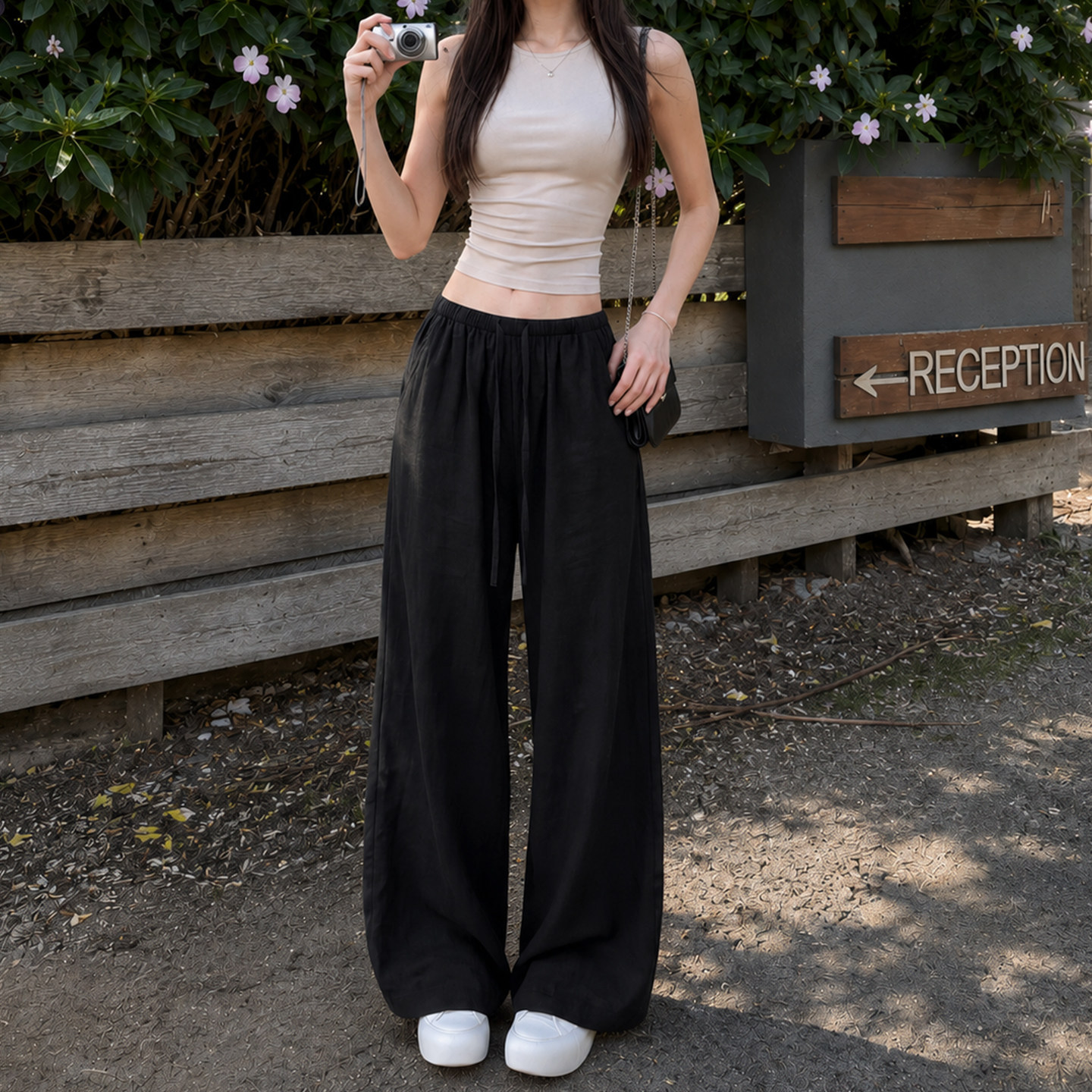 黑色亚麻老钱风裤子女夏薄款2026新款小个子窄版直筒冰丝遛弯长裤