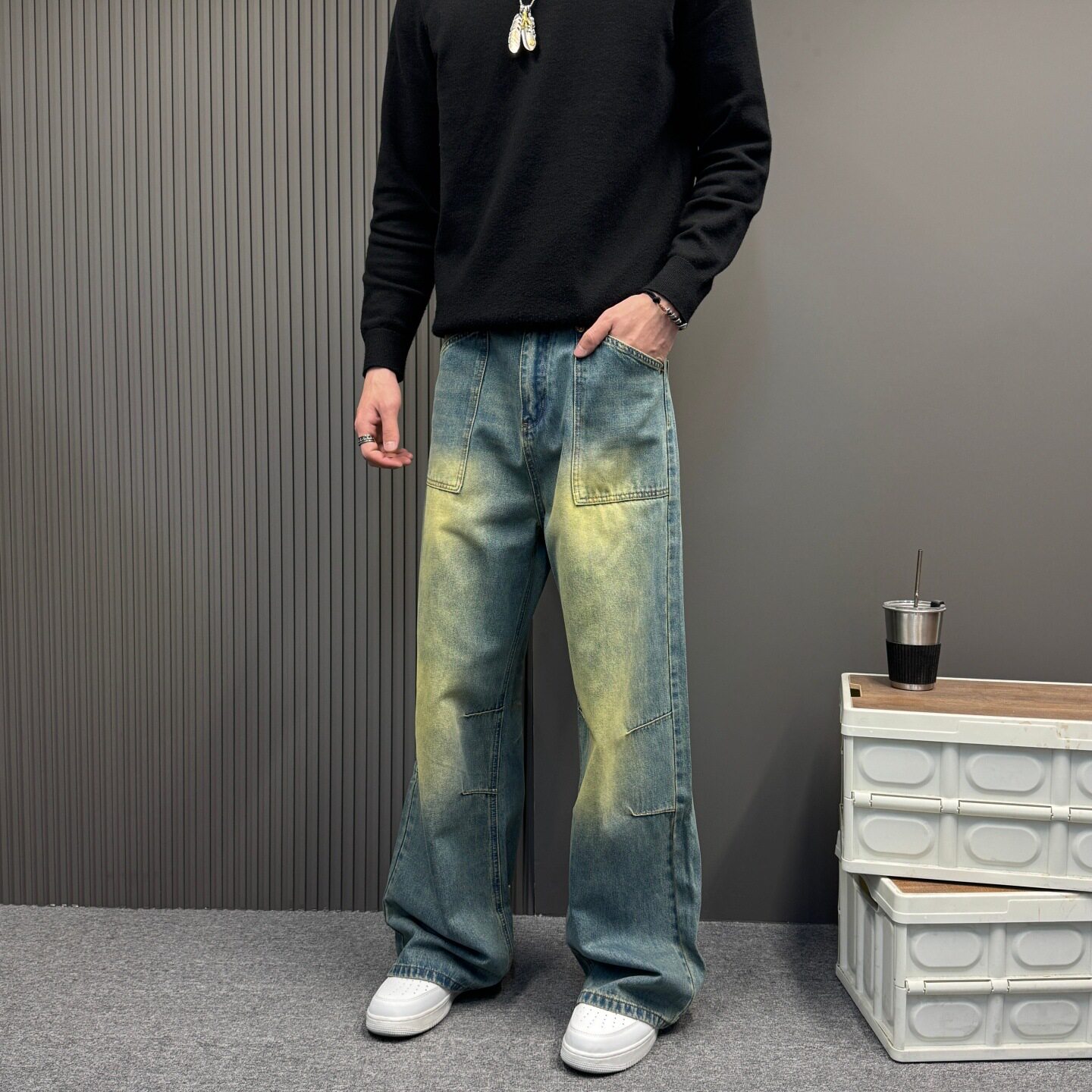 美式复古水洗阔腿工装牛仔裤2026春季新款设计感高街直筒潮牌长裤