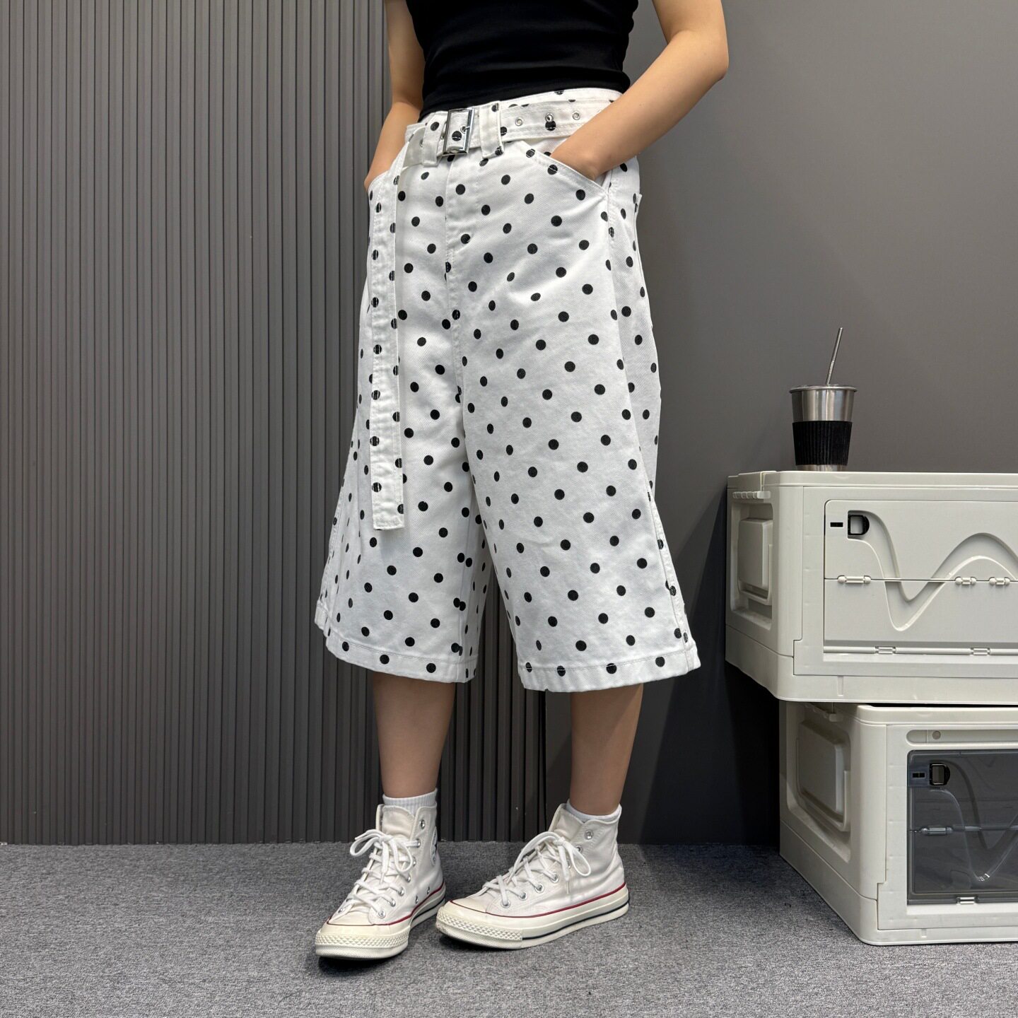 白色波点印花小清新休闲风牛仔中裤男女同款春夏新款直筒潮七分裤