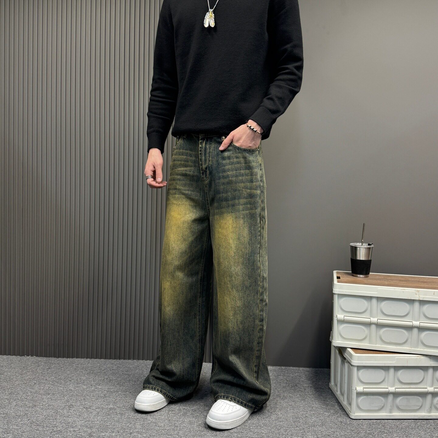 小众潮流做旧裤子男女复古水洗直筒牛仔裤男宽松百搭阔腿拖地长裤