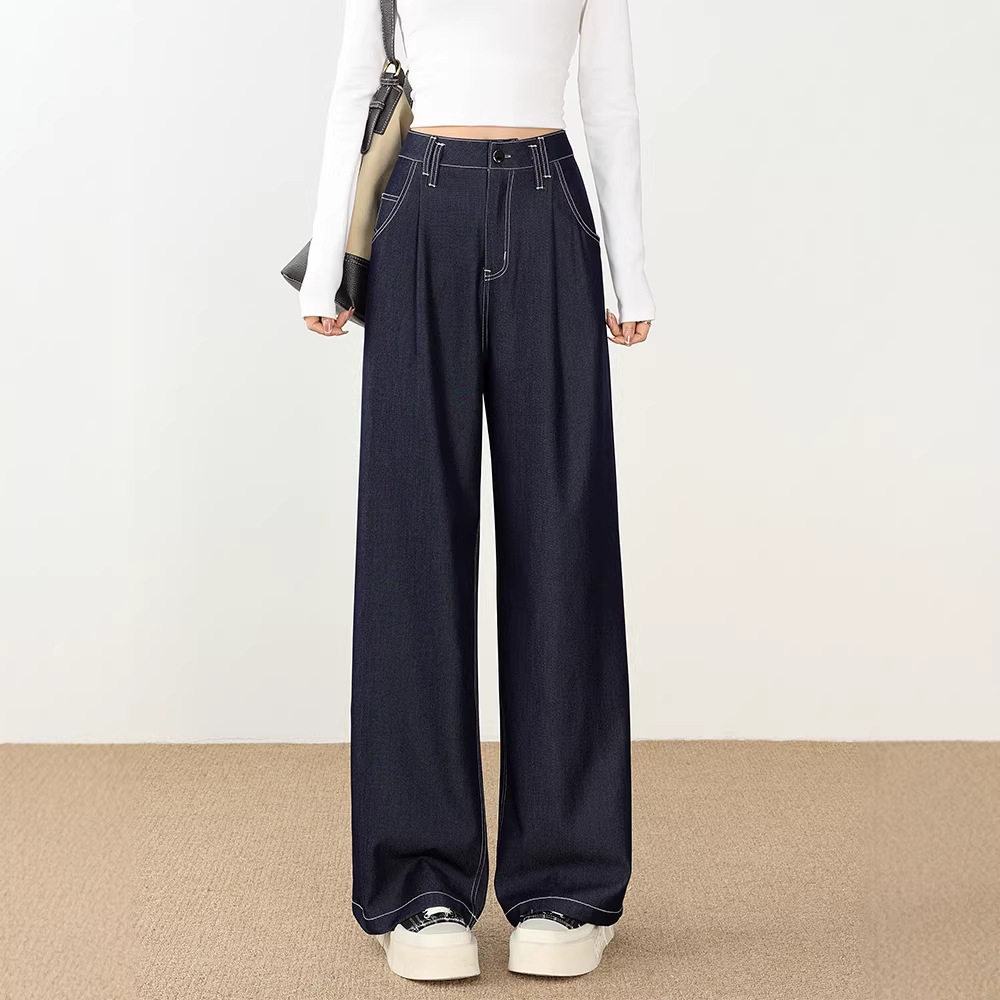 深蓝色天丝牛仔裤女春夏季薄款高腰显瘦宽松直筒垂感拖地阔腿裤子
