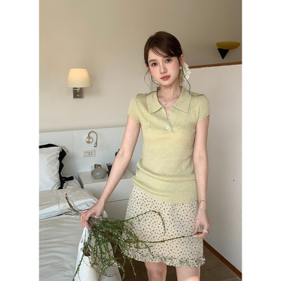 衣尔衫 正肩羊毛翻领纯色修身韩系显瘦百搭针织衫女短袖上衣YE040