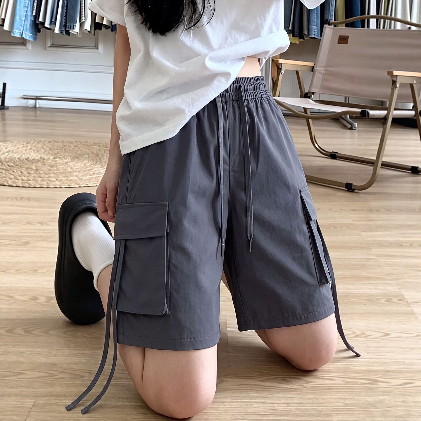 深灰色速干工装短裤女2026夏季新款休闲美式冰丝运动裤宽松五分裤