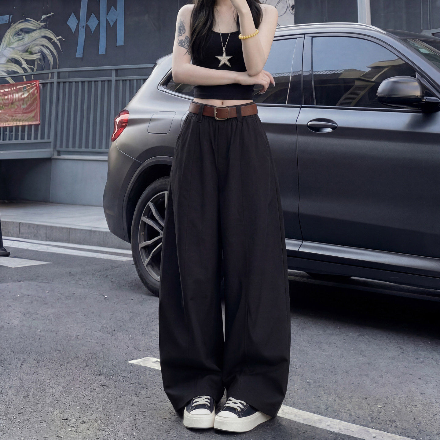 黑色工装裤女2026新款夏薄款垂感高级感小个子高腰休闲弯刀阔腿裤