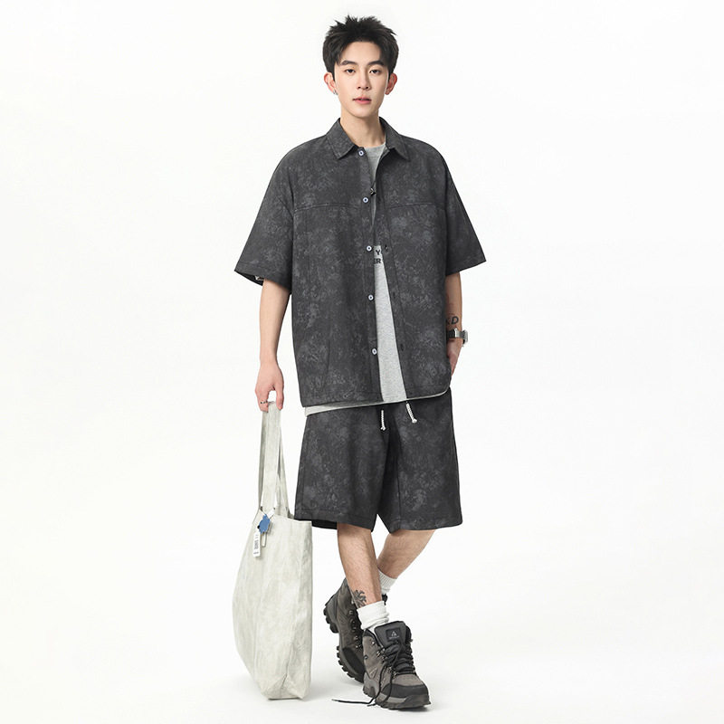 仿牛仔衬衫男短袖潮牌高级感2026夏季新款时尚提花休闲套装衬衣外