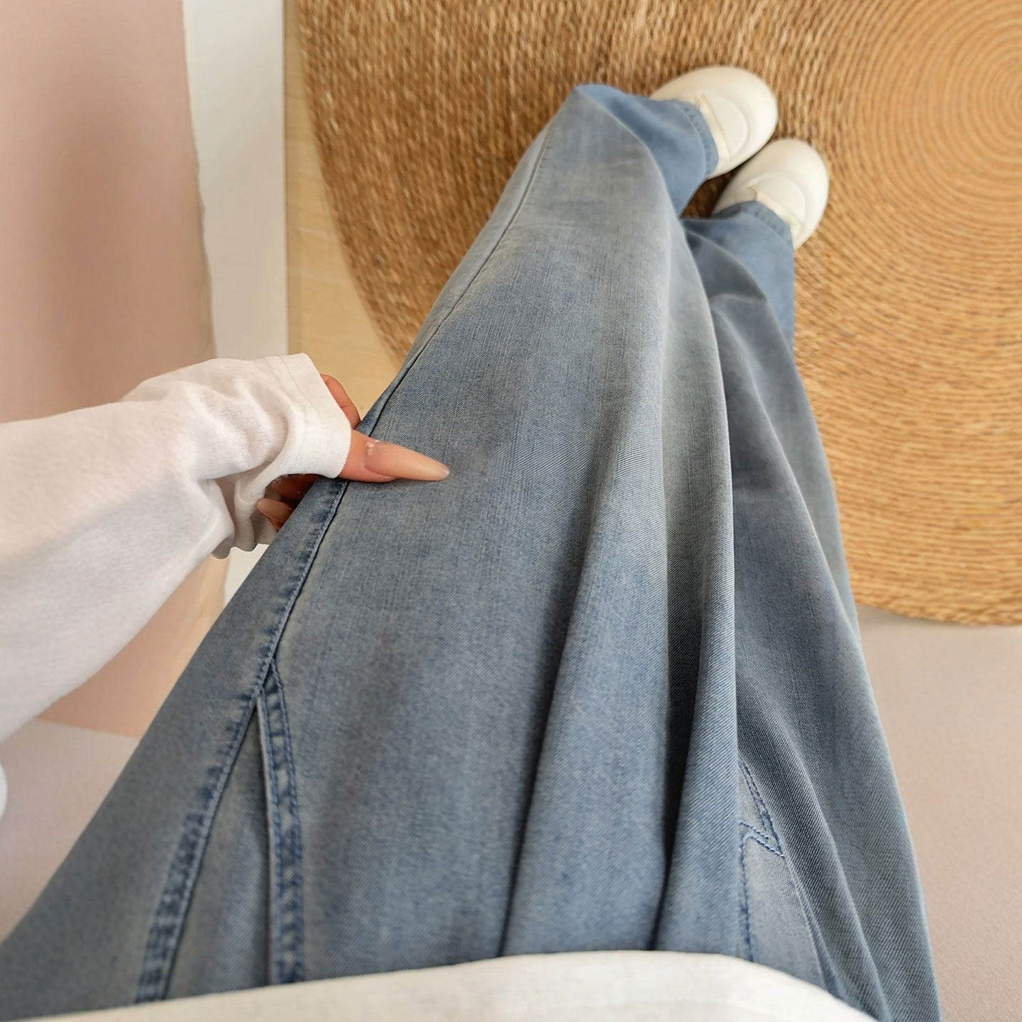 蓝色牛仔裤女士2026新款春夏季薄款高腰垂感直筒小个子窄版阔腿裤