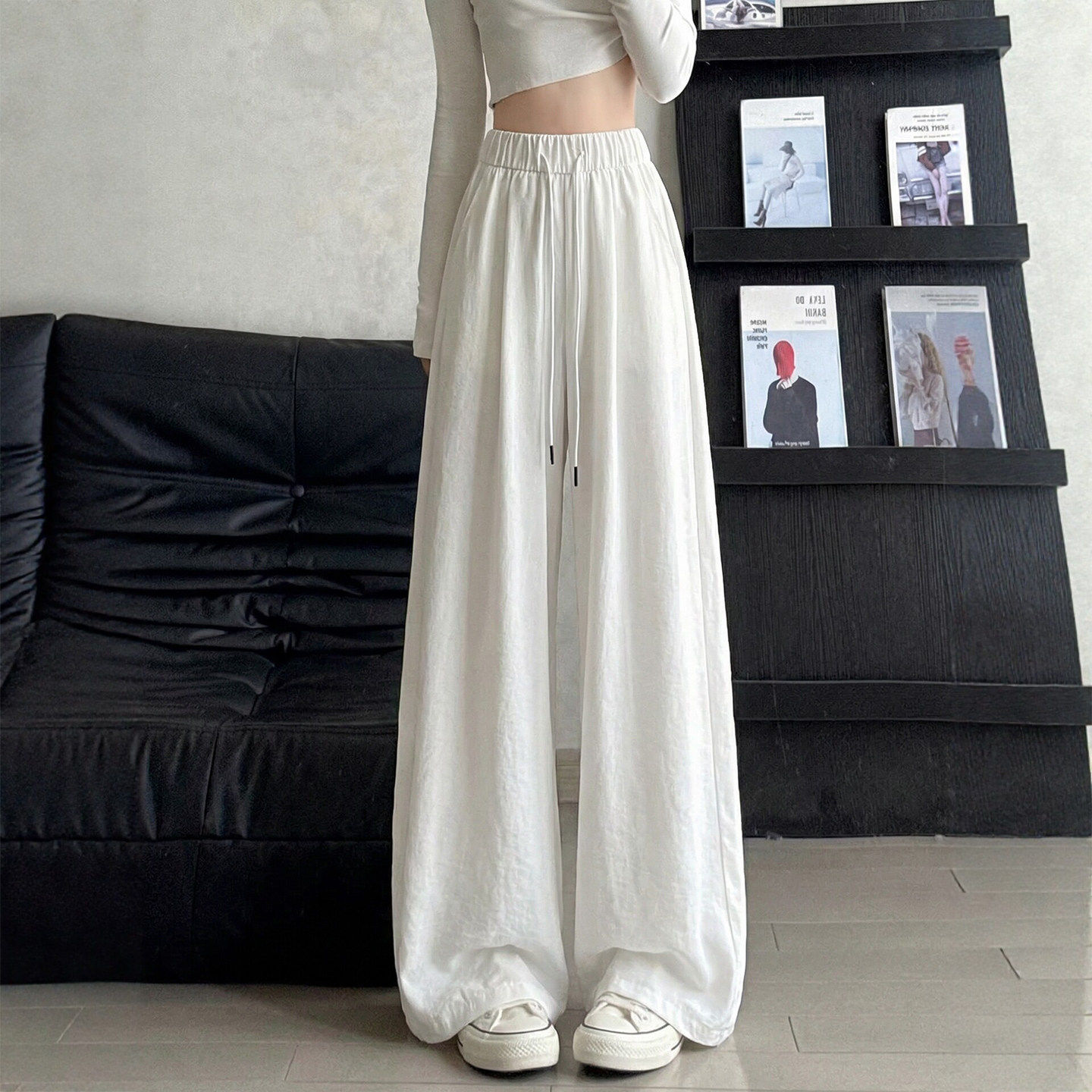 白色冰丝弯刀裤女夏季2026新款小个子垂感宽松休闲运动山本阔腿裤