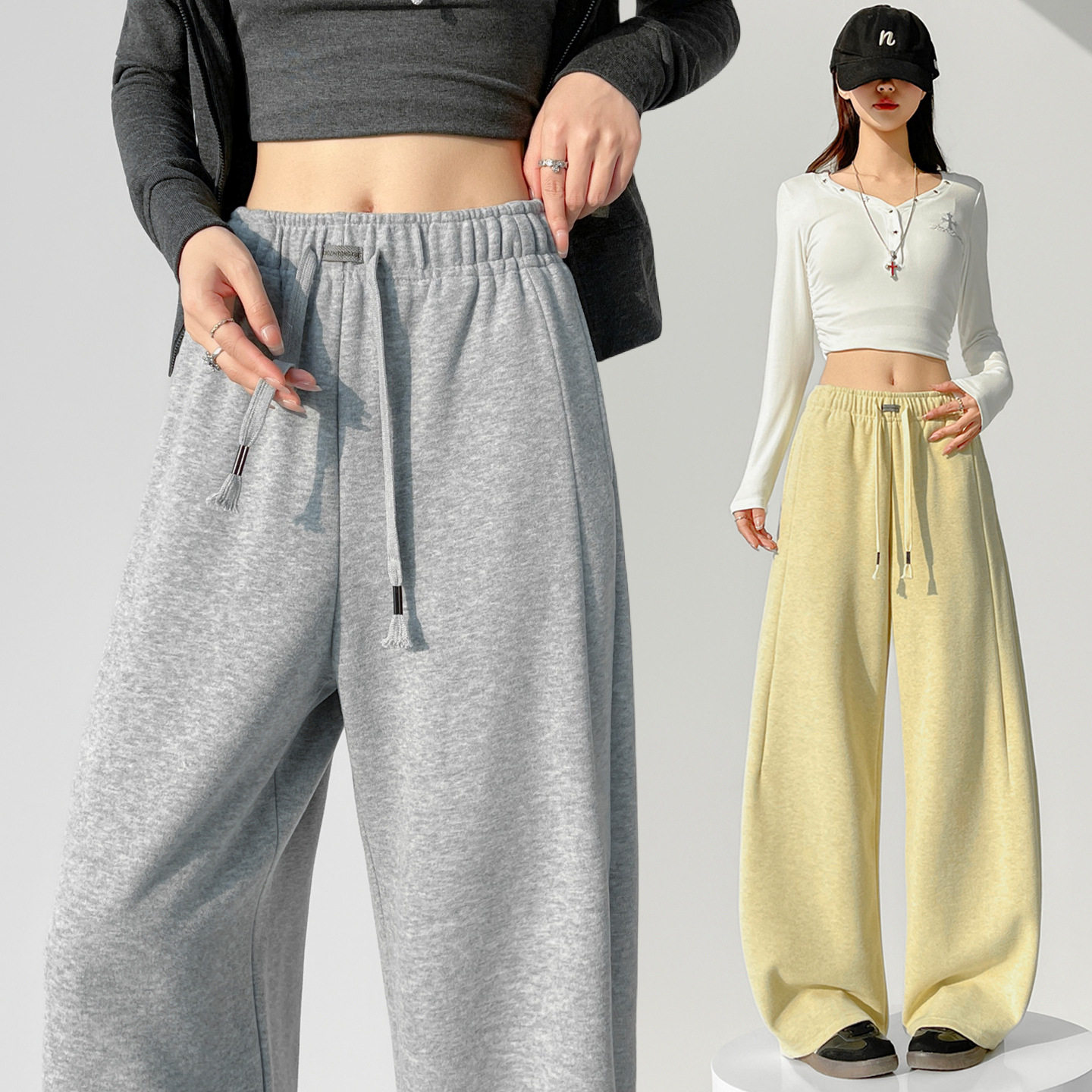 美式运动裤女春季2026新款高腰垂感宽松阔腿裤小个子休闲弯刀卫裤