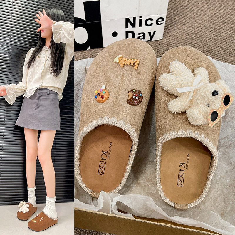 2026春夏新款勃肯鞋可爱卡通小熊舒适休闲包头一脚蹬半拖鞋女百搭