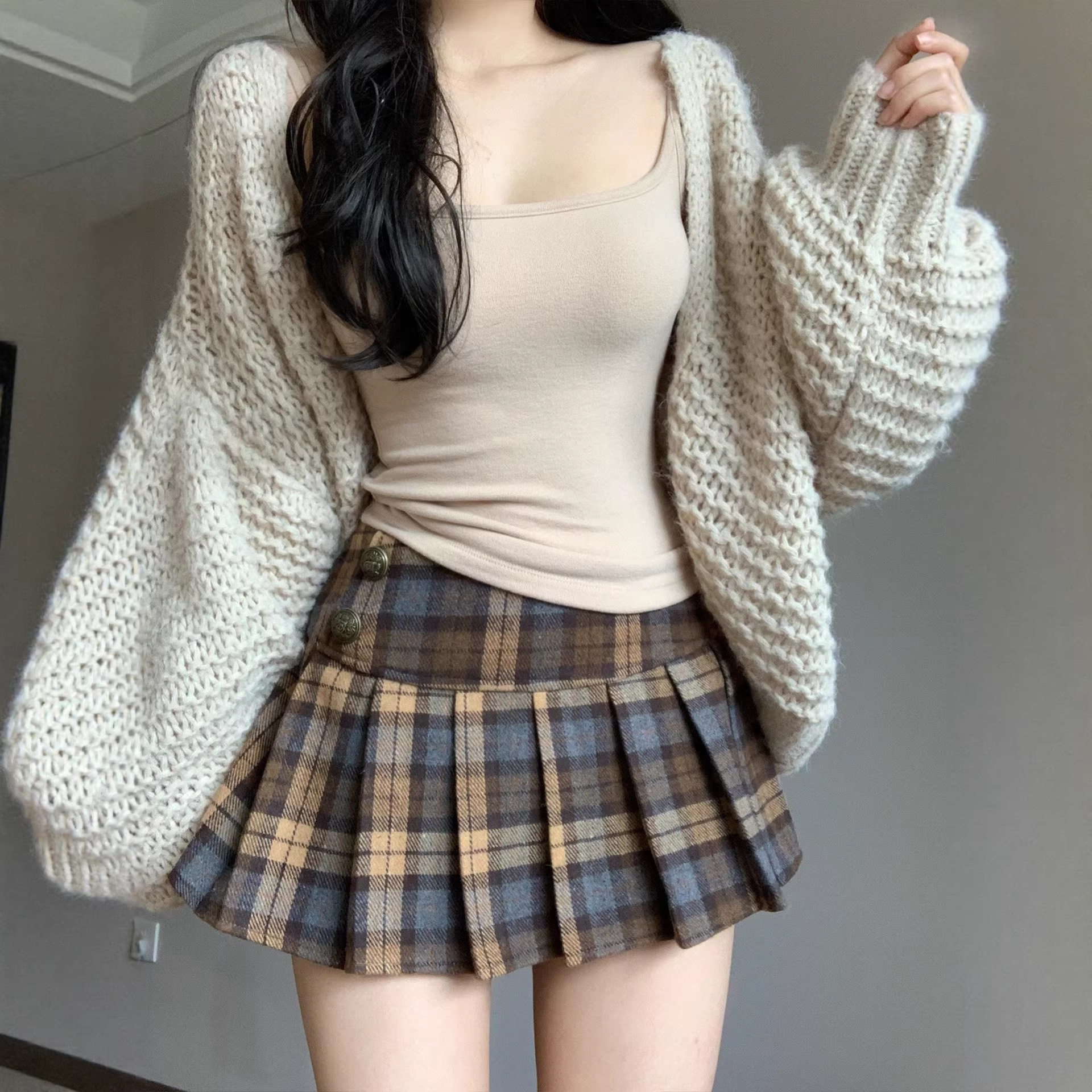 灰色复古格纹毛呢半身裙女秋冬学院风百褶裙高腰显瘦a字撞色短裙