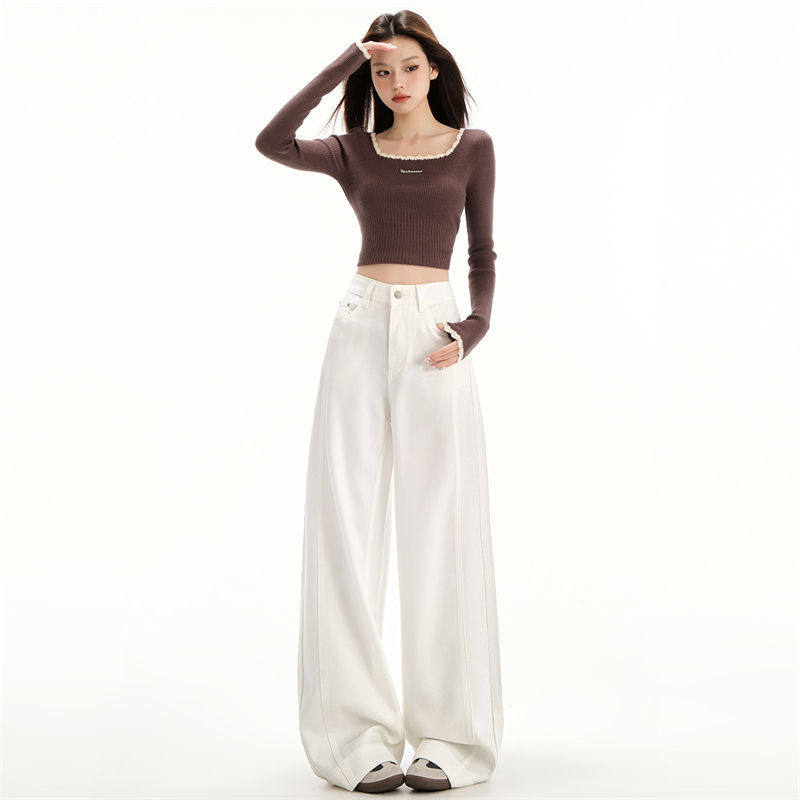 白色三防天丝直筒牛仔裤女2026春季新款高腰宽松垂感拖地阔腿裤子