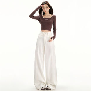白色三防天丝直筒牛仔裤女2026春季新款高腰宽松垂感拖地阔腿裤子