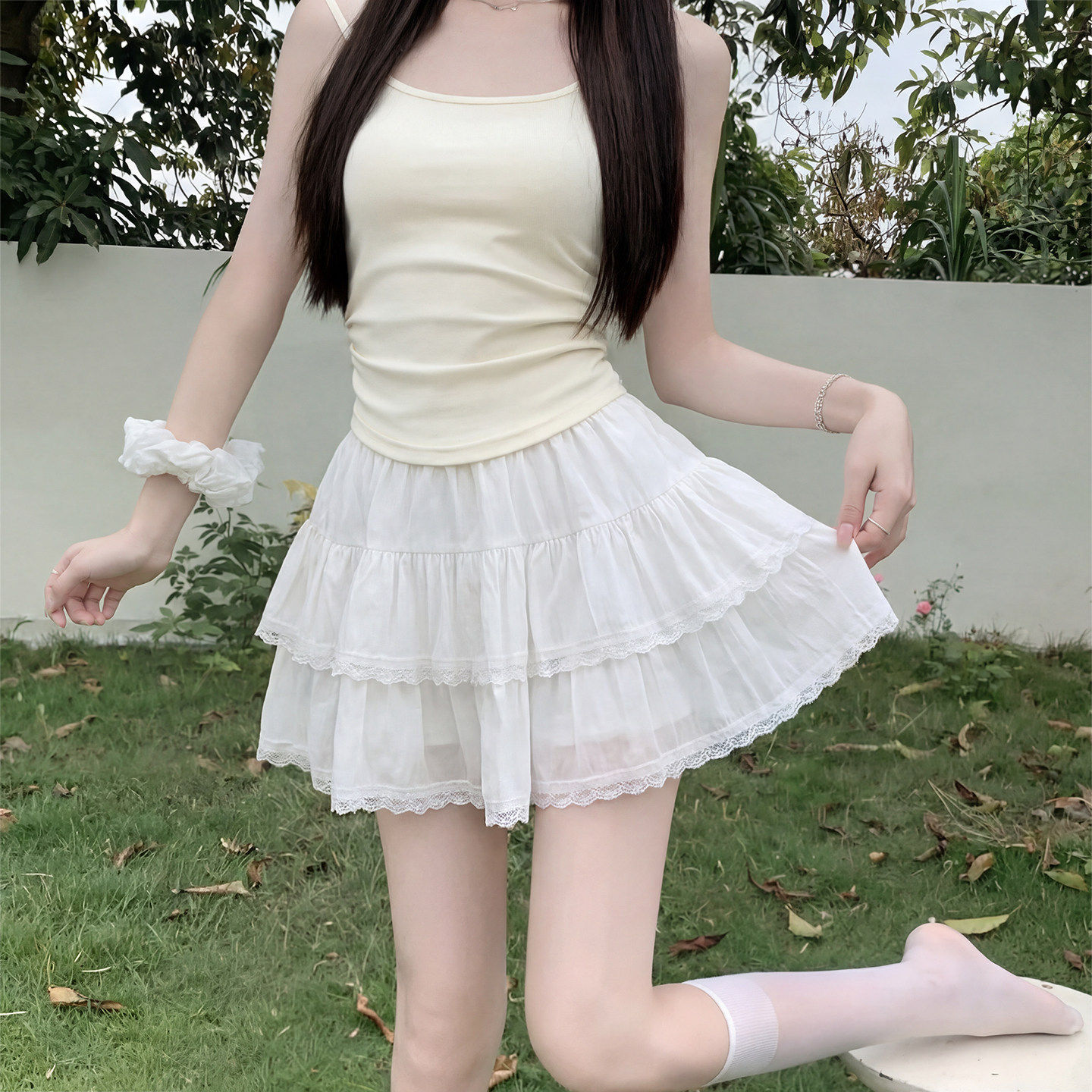 白色蛋糕短裙女2026新款夏季芭蕾风蓬蓬a字半裙小个子蕾丝半身裙