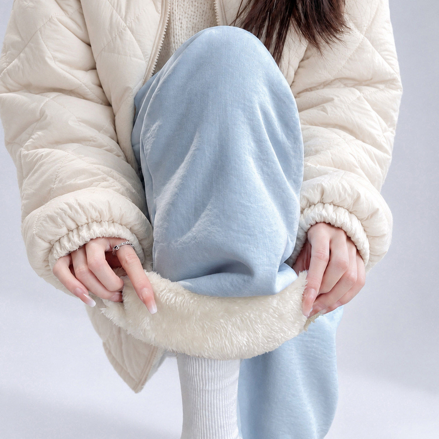 加绒阔腿裤子女2026新款冬季加厚羊羔绒棉裤小个子蓝色垂感糯米裤