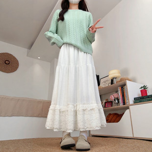 白色蕾丝半身裙女春秋高腰垂感a字半裙冬季长裙大码胖mm蛋糕裙子