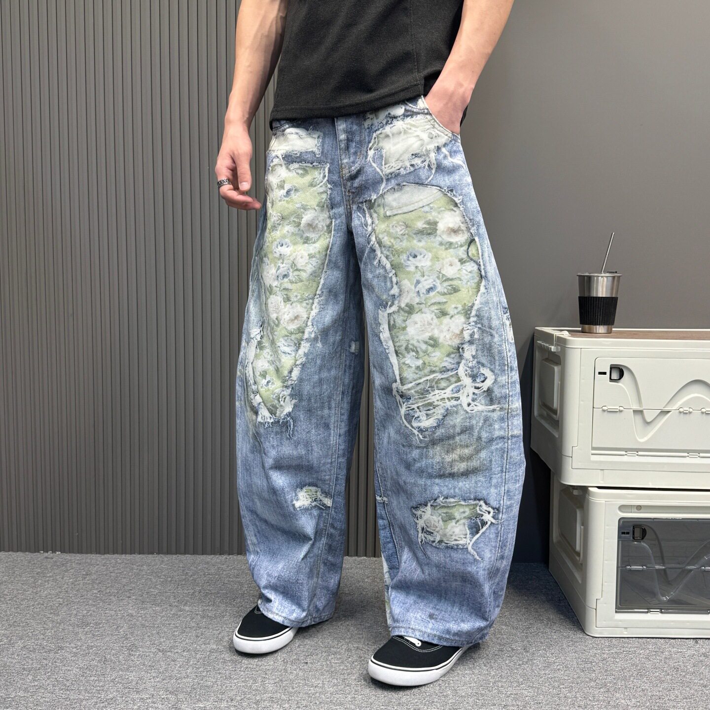 新款3D打印玫瑰碎花破洞拼接阔腿直筒男女牛仔设计感休闲通勤长裤