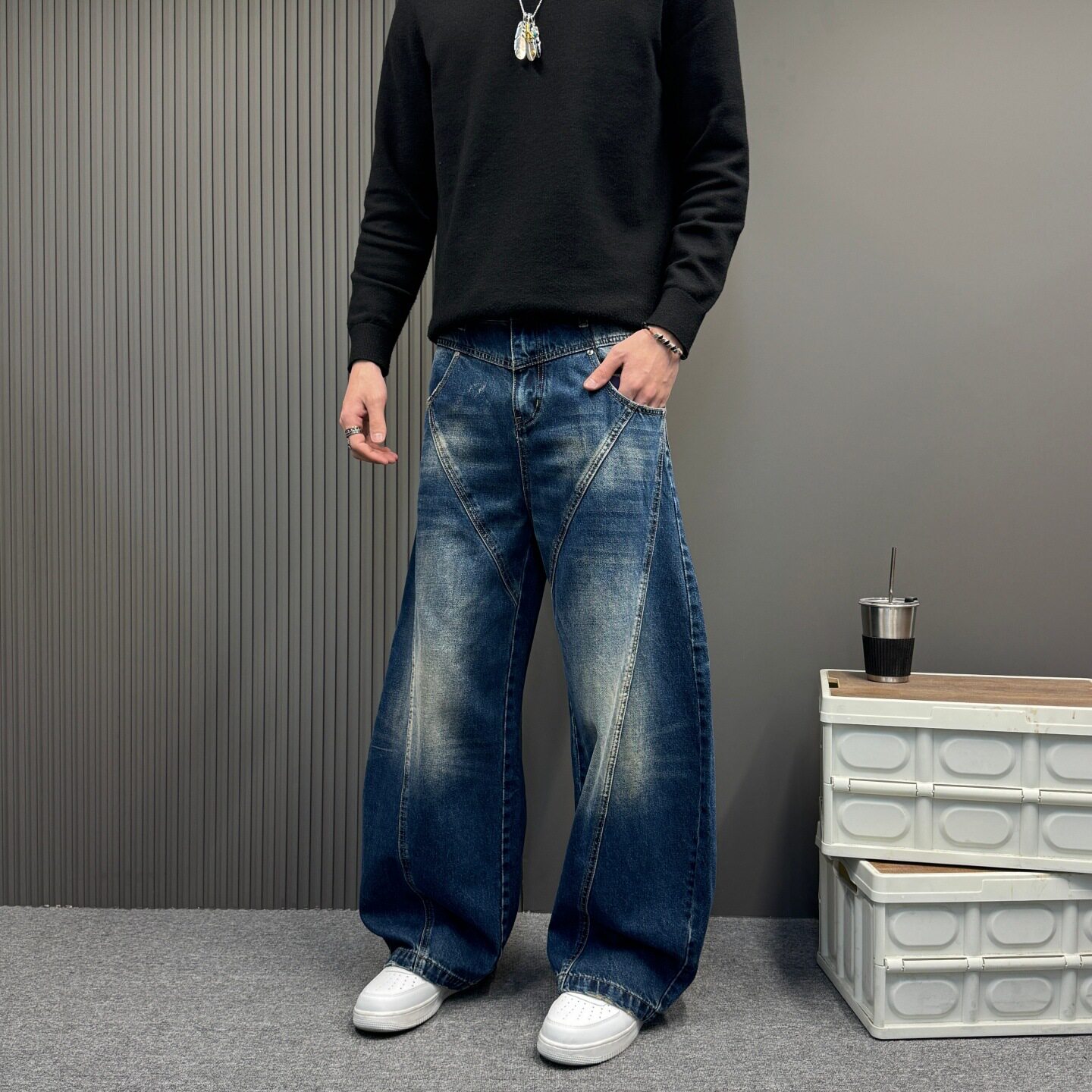 美式复古水洗做旧弯刀设计拼接牛仔裤男女潮牌阔腿宽松镰刀裤子