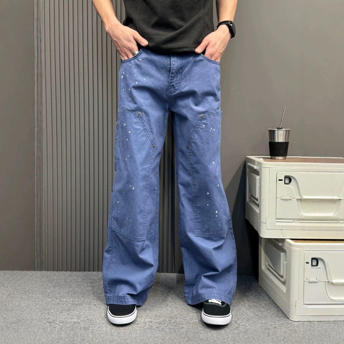 小众设计感泼墨工装牛仔裤男水泥灰铆钉加固宽松阔腿垂感高街长裤