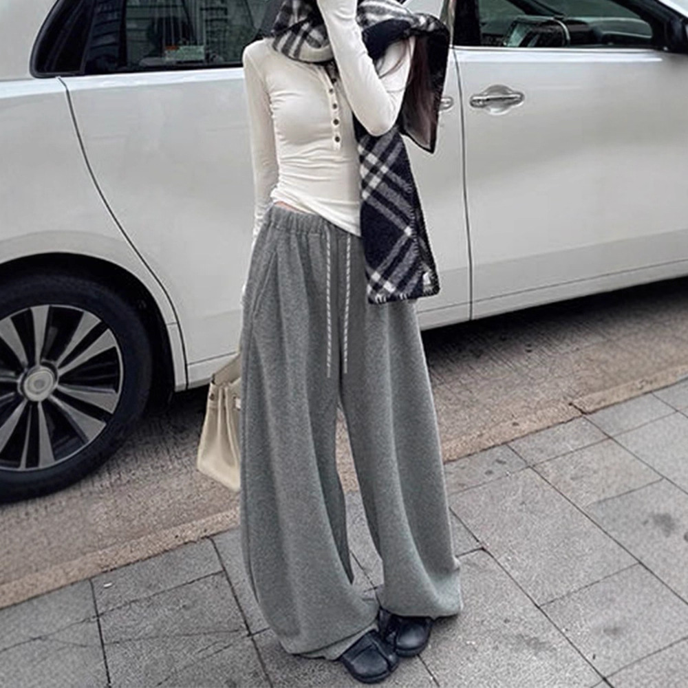 软糯羊绒阔腿裤女秋冬加厚加绒弯刀裤女设计感抽绳束脚运动卫裤子