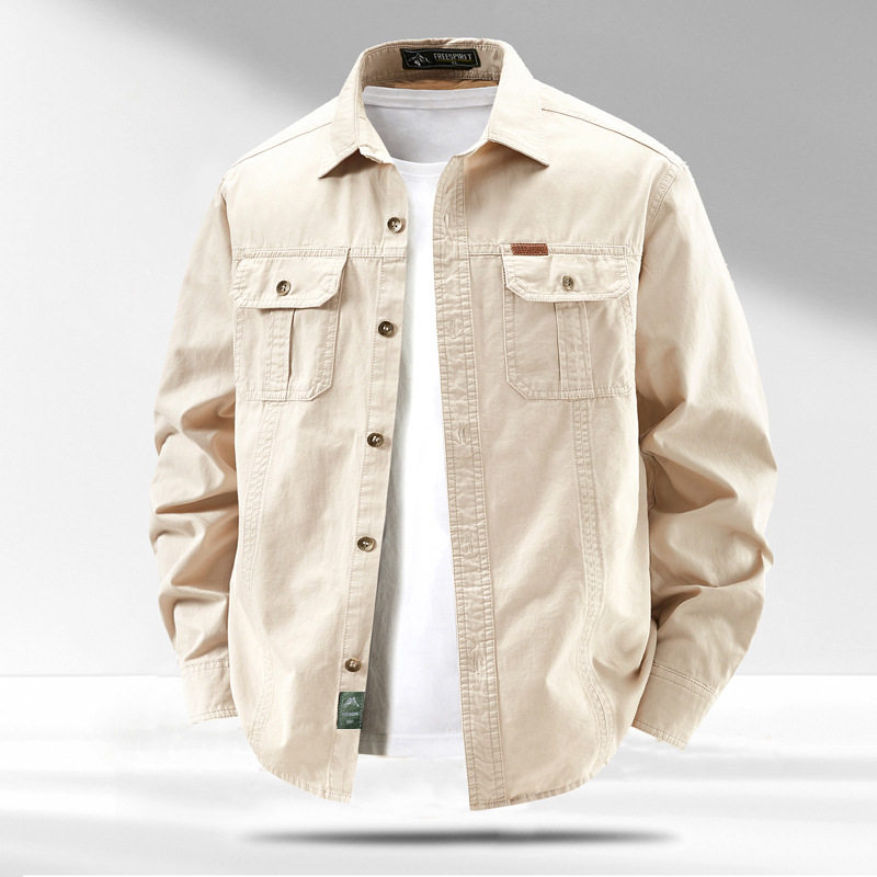 跨境中年美式工装衬衫男士外套秋冬季休闲全纯棉长袖衬衣商务通勤
