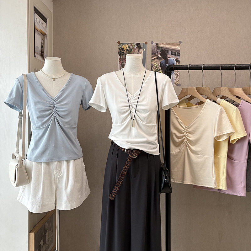 [比正]2026夏季新韩版女装设计感褶皱V领修身显瘦短袖T恤批发6138
