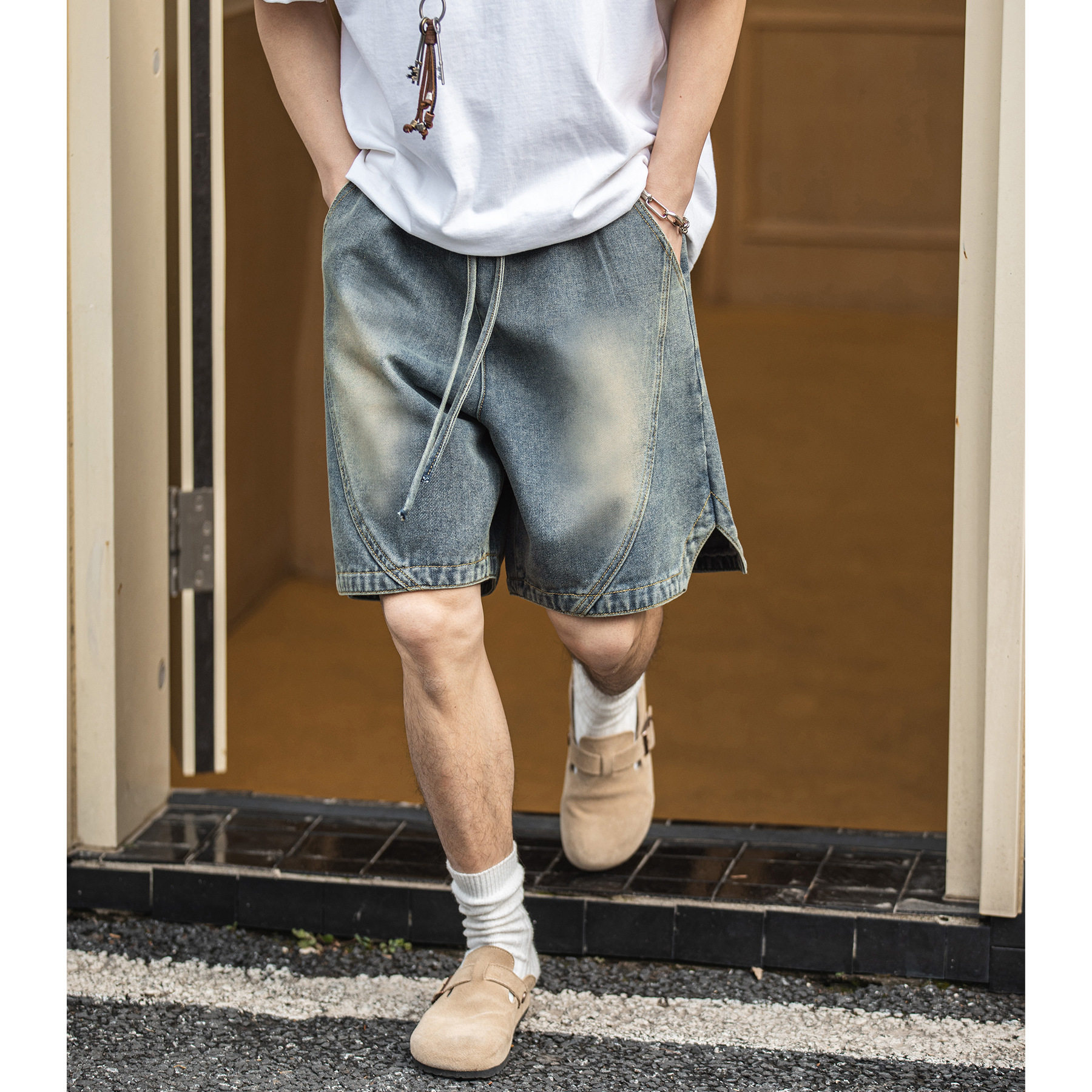 结构分割设计做旧水洗牛仔短裤夏季新款美式复古潮牌宽松五分裤q