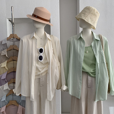 欧玛莱 薄款纯色翻领长袖防晒衬衫上衣+吊带两件套上衣春季女6122