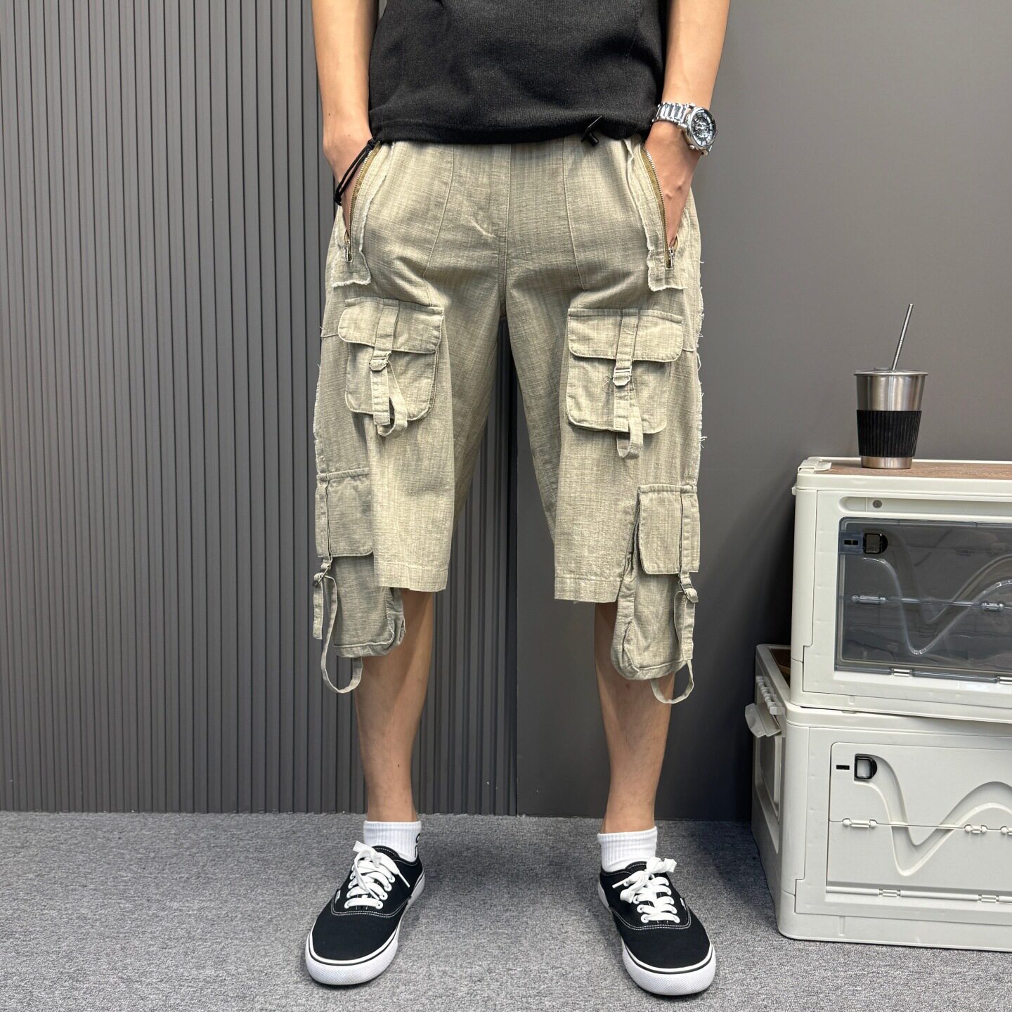 做旧中裤古着驼色多口袋美式复古宽松裤工多拉链口袋工装裤男女款