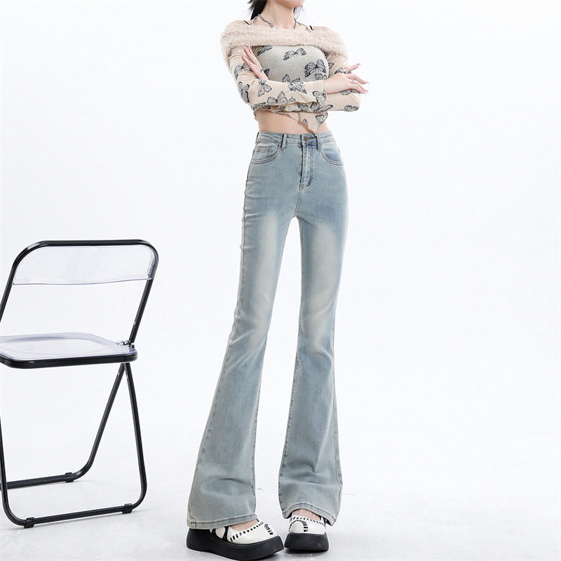 萝卜大叔浅色复古微喇牛仔裤女2026春季新款高腰弹力马蹄喇叭裤子