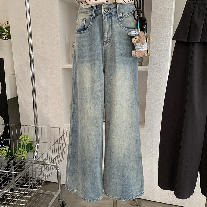欧玛莱 复古高腰水洗蓝阔腿牛仔裤春季新款韩版宽松直筒长裤6790