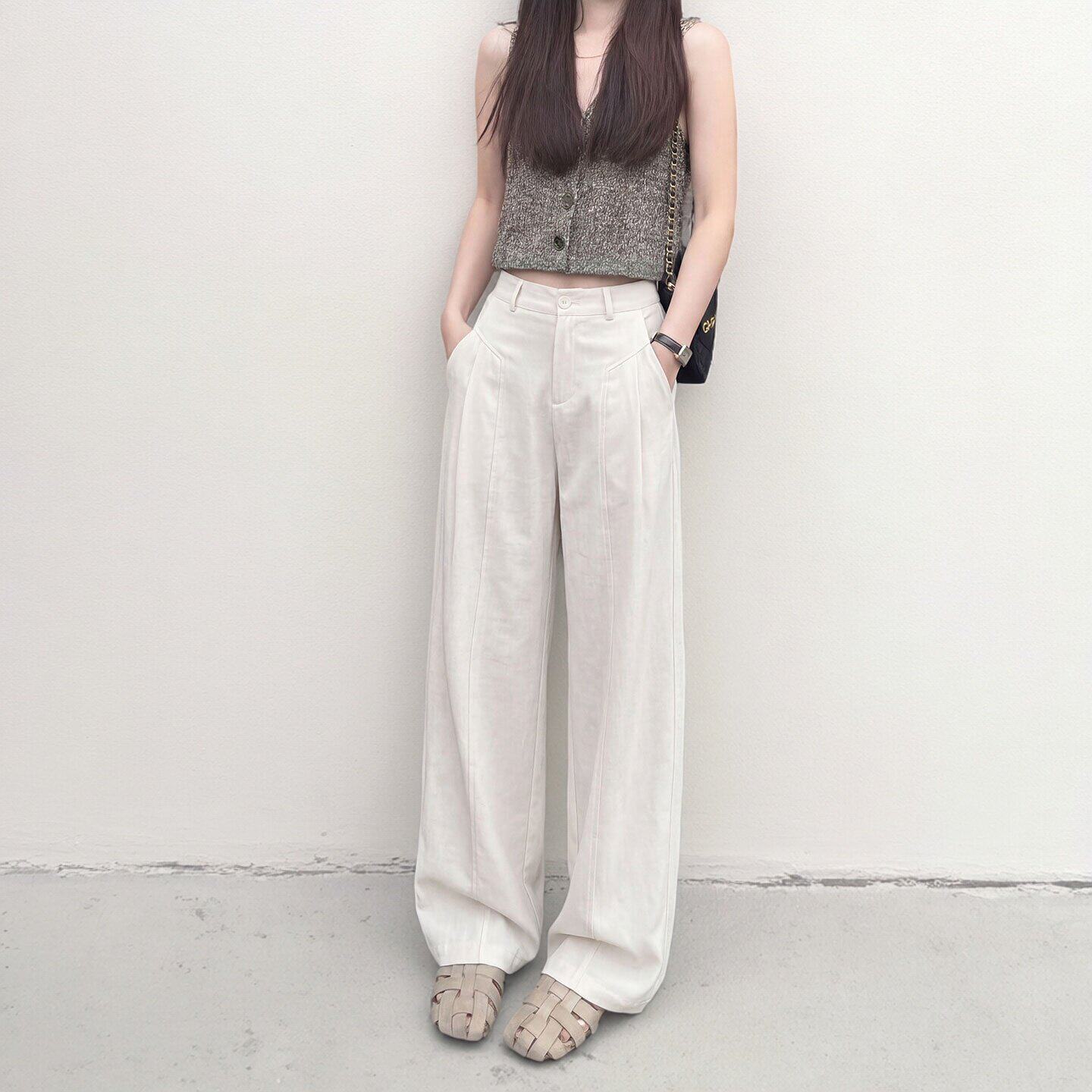 白色亚麻西装裤女夏薄款2026新款老钱风垂感休闲直筒棉麻阔腿裤子