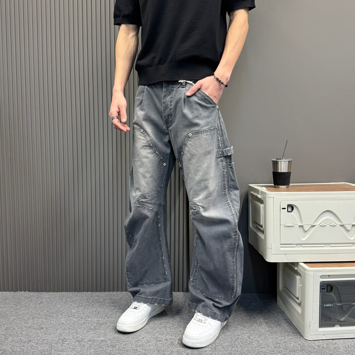 设计感分割拼接工装牛仔裤复古水洗磨白宽松直筒阔腿弯刀伐木裤潮