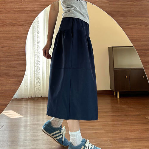 藏青色亚麻半身裙女2026新款胖mm显瘦抗皱棉麻裙子夏a字工装长裙