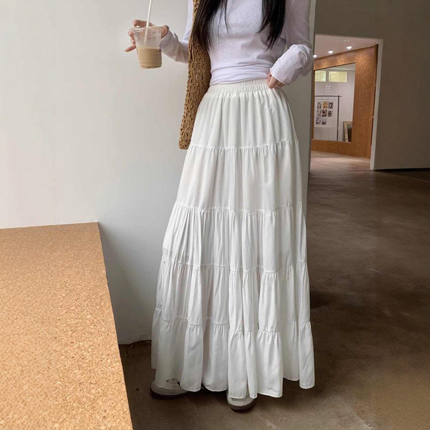 白色半身裙女春季2026新款高腰a字半裙长裙中长款蓬蓬百褶蛋糕裙