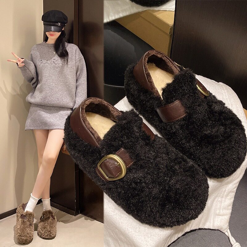 冬季一脚蹬2026加绒加厚皮带扣豆豆鞋棉鞋毛毛鞋女保暖韩式两穿