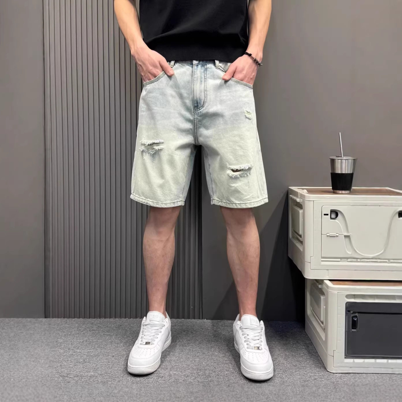 高街潮牌破洞牛仔短裤男复古做旧水洗宽松直筒痞帅街头五分中裤