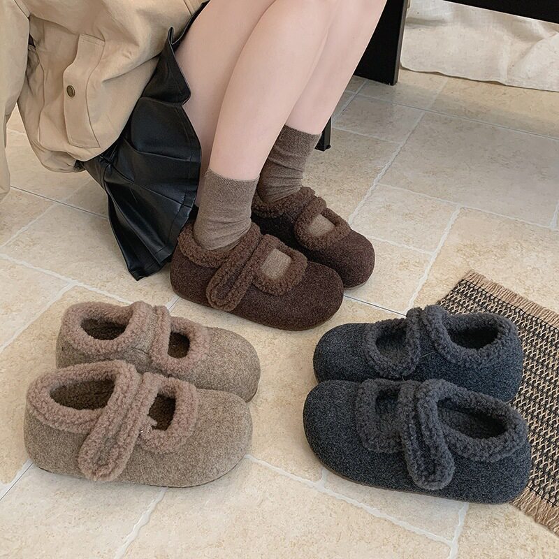 浅口外穿魔术贴保暖韩版玛丽珍毛毛鞋女厚底内增高冬季加绒棉鞋
