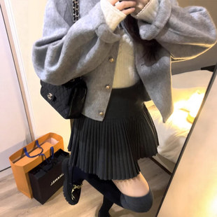 毛呢百褶短裙女冬季半身裙2025新款小个子a字显瘦灰色蓬蓬裙短款