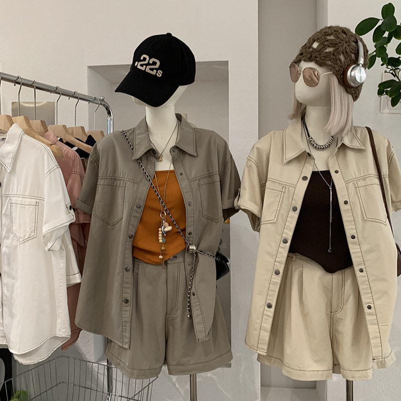 欧玛莱 又酷又飒工装休闲套装女春夏季短袖衬衫短裤两件套潮 6719