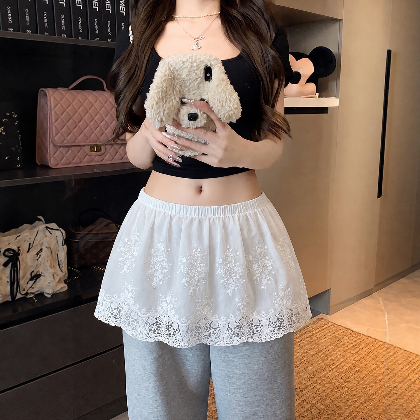 白色蕾丝屁帘女夏季新款花边叠穿高级蓬蓬半身裙a字牛仔裤短裙摆