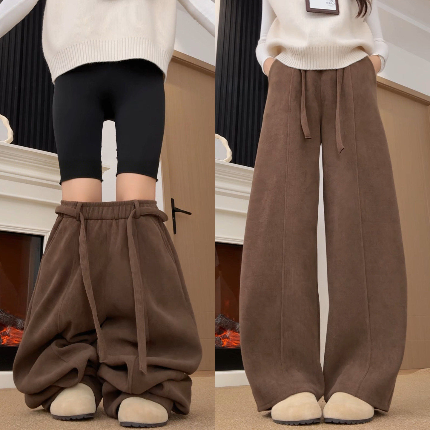 咖色灯芯绒棉裤女冬季加绒加厚弯刀运动卫裤宽松显瘦休闲阔腿裤子